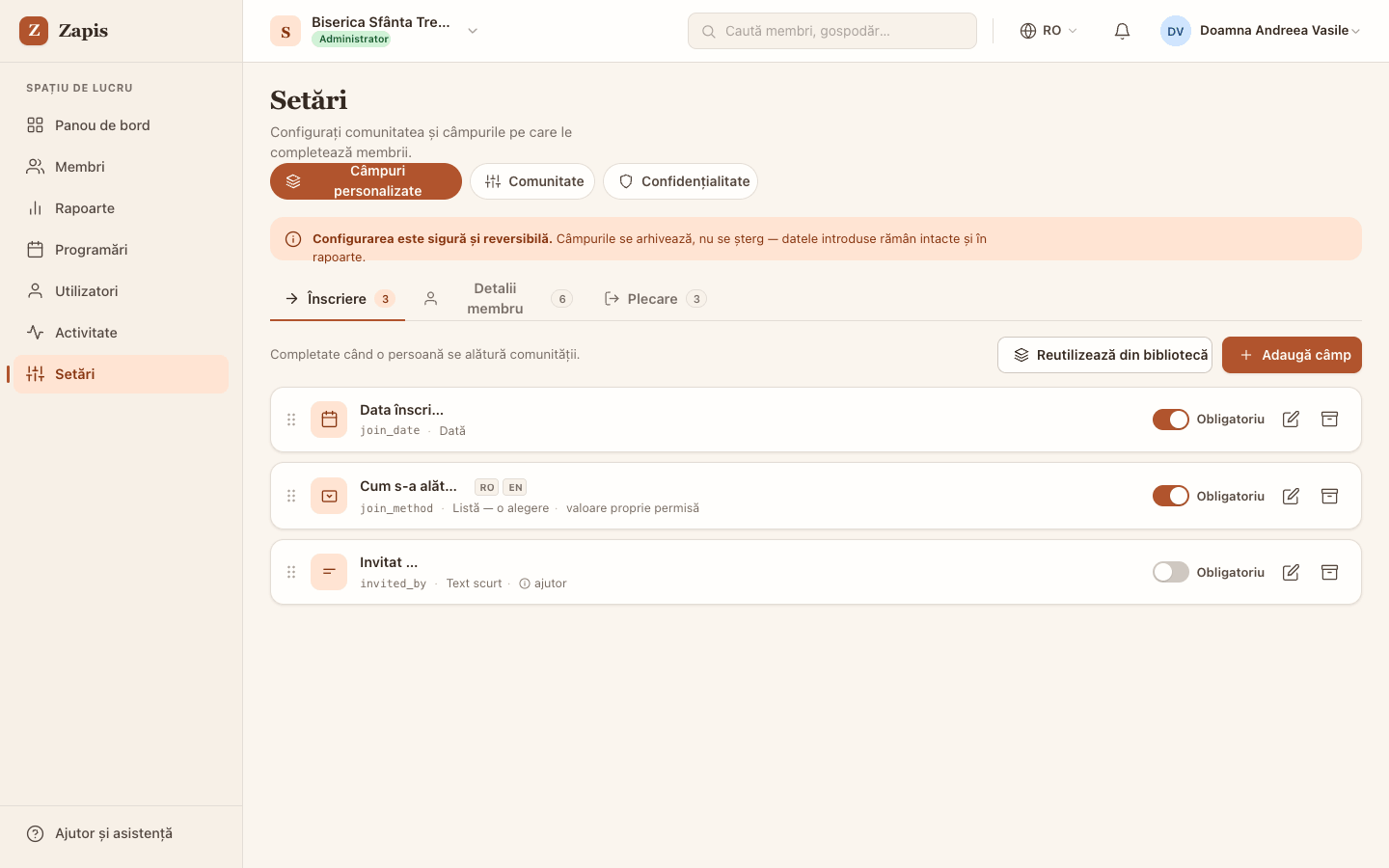 Configurarea câmpurilor